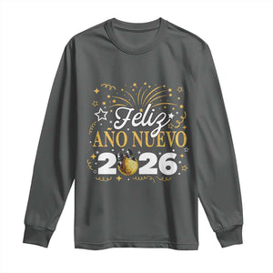 Spanish New Year 2026 Long Sleeve Shirt Feliz Ano Nuevo NYE Party Faux Glitter Effect Printed TS11 Dark Heather Print Your Wear