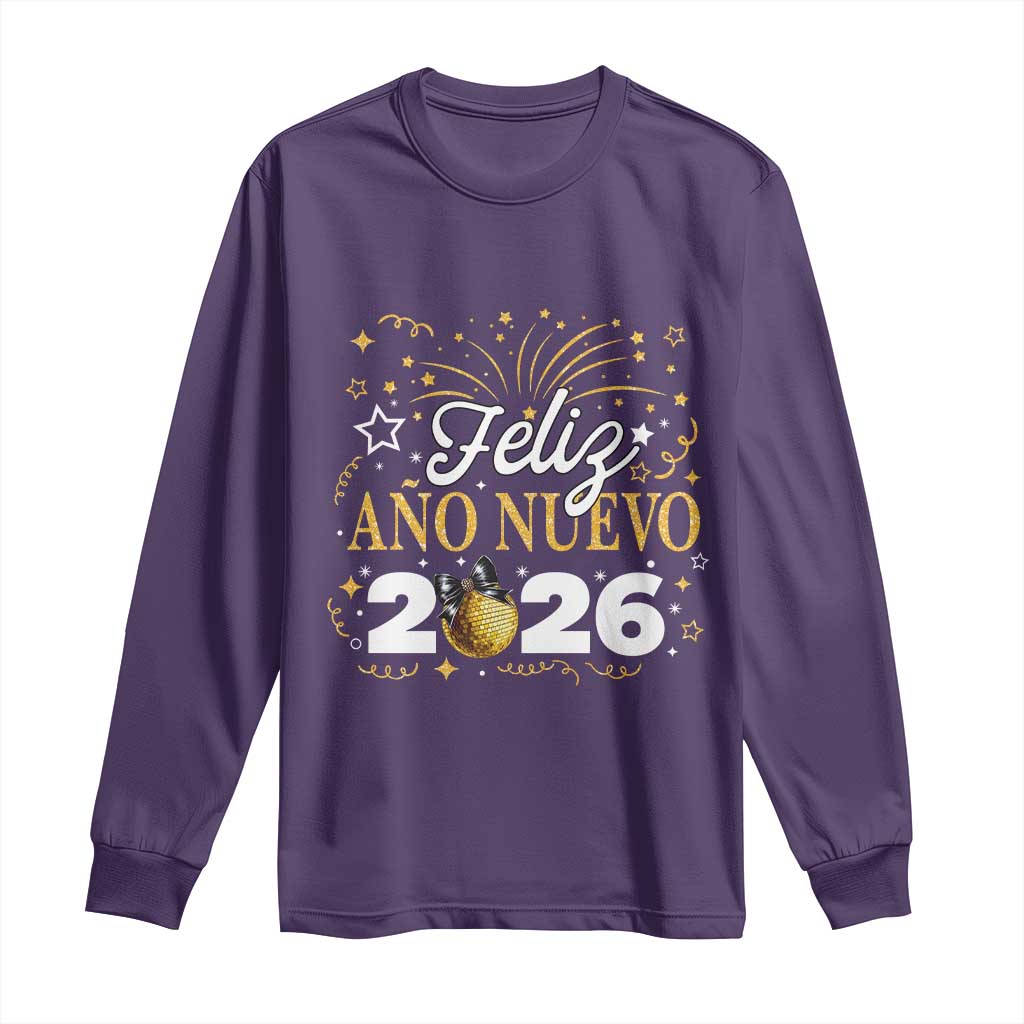 Spanish New Year 2026 Long Sleeve Shirt Feliz Ano Nuevo NYE Party Faux Glitter Effect Printed TS11 Purple Print Your Wear