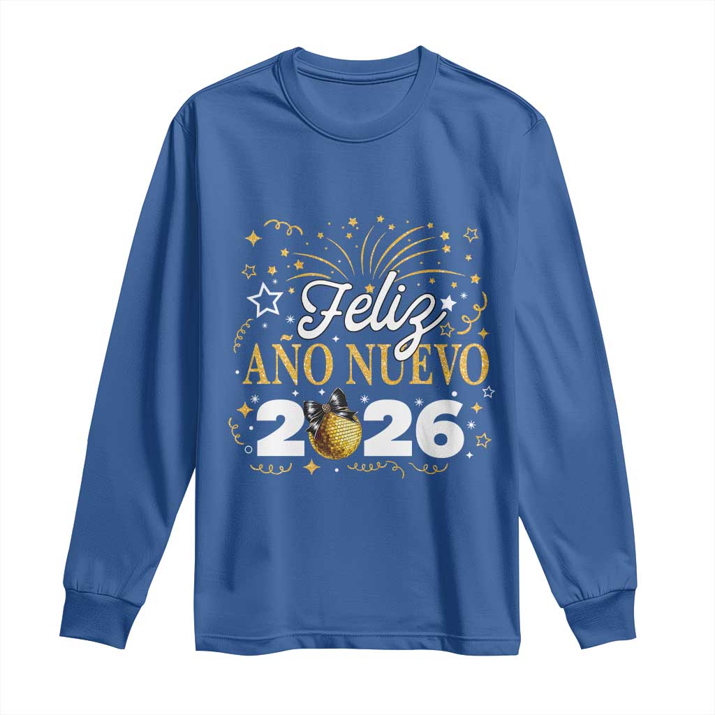 Spanish New Year 2026 Long Sleeve Shirt Feliz Ano Nuevo NYE Party Faux Glitter Effect Printed TS11 Royal Blue Print Your Wear