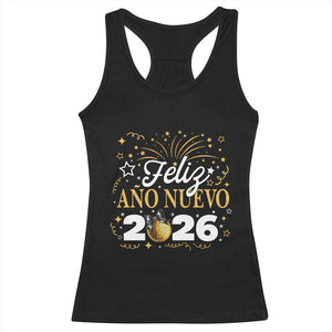Spanish New Year 2026 Racerback Tank Top Feliz Ano Nuevo NYE Party Faux Glitter Effect Printed TS11 Black Print Your Wear