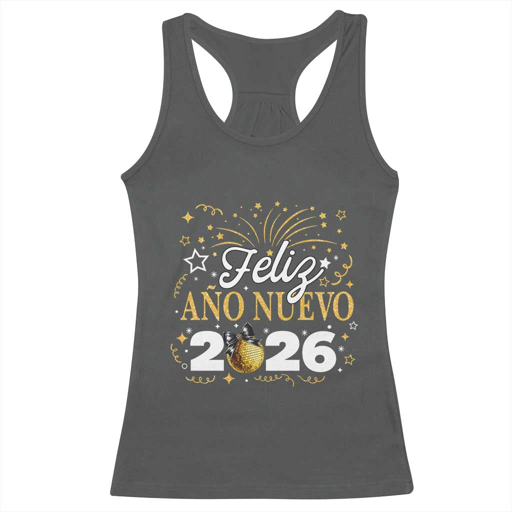 Spanish New Year 2026 Racerback Tank Top Feliz Ano Nuevo NYE Party Faux Glitter Effect Printed TS11 Dark Heather Print Your Wear