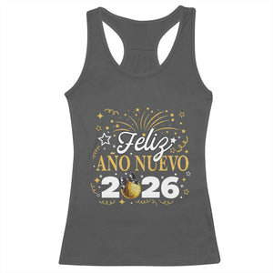 Spanish New Year 2026 Racerback Tank Top Feliz Ano Nuevo NYE Party Faux Glitter Effect Printed TS11 Dark Heather Print Your Wear
