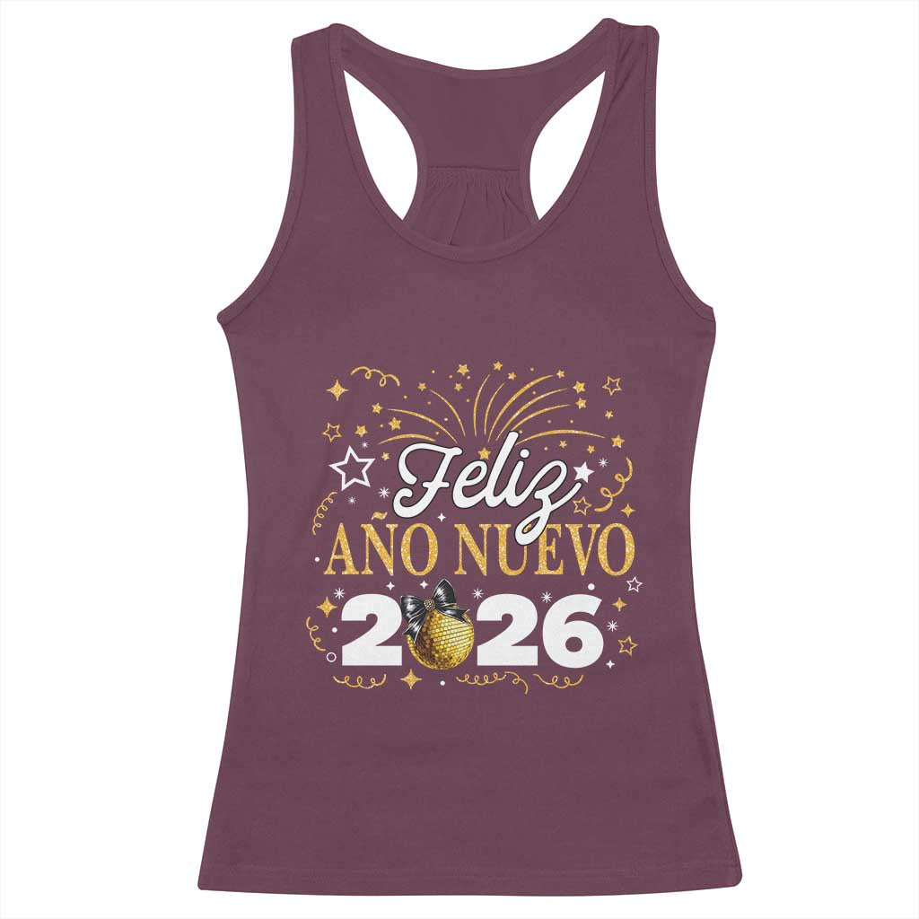 Spanish New Year 2026 Racerback Tank Top Feliz Ano Nuevo NYE Party Faux Glitter Effect Printed TS11 Maroon Print Your Wear