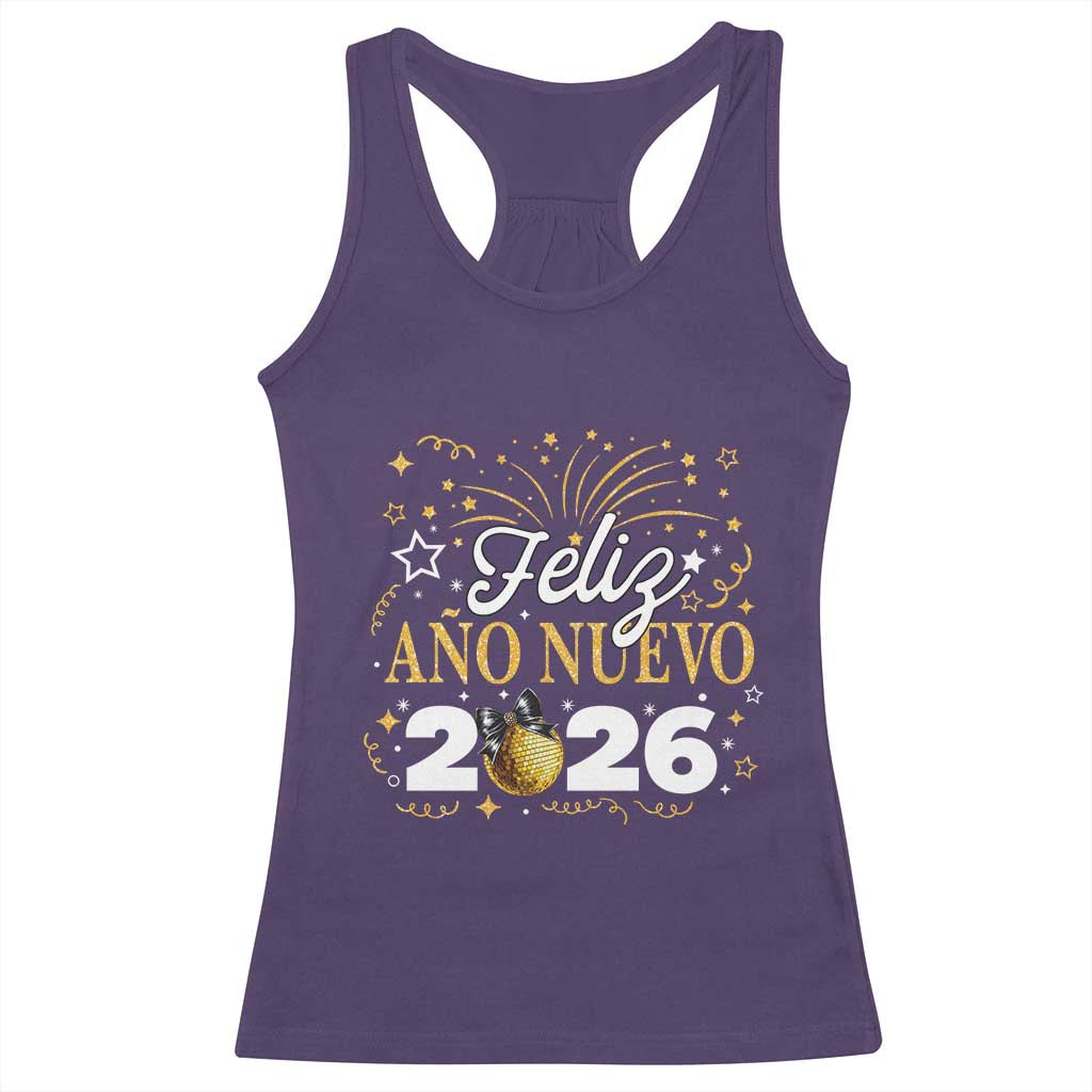 Spanish New Year 2026 Racerback Tank Top Feliz Ano Nuevo NYE Party Faux Glitter Effect Printed TS11 Purple Print Your Wear