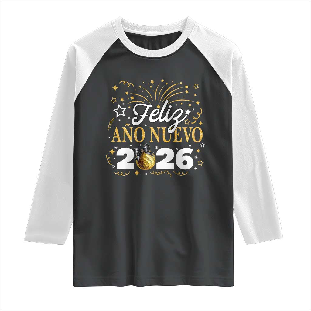 Spanish New Year 2026 Raglan Shirt Feliz Ano Nuevo NYE Party Faux Glitter Effect Printed TS11 Black White Print Your Wear