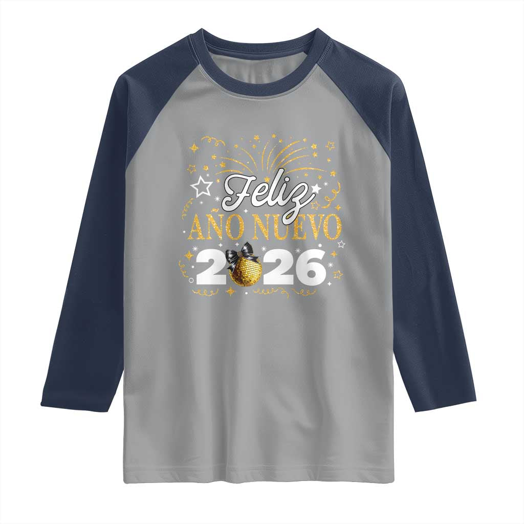 Spanish New Year 2026 Raglan Shirt Feliz Ano Nuevo NYE Party Faux Glitter Effect Printed TS11 Sport Gray Navy Print Your Wear