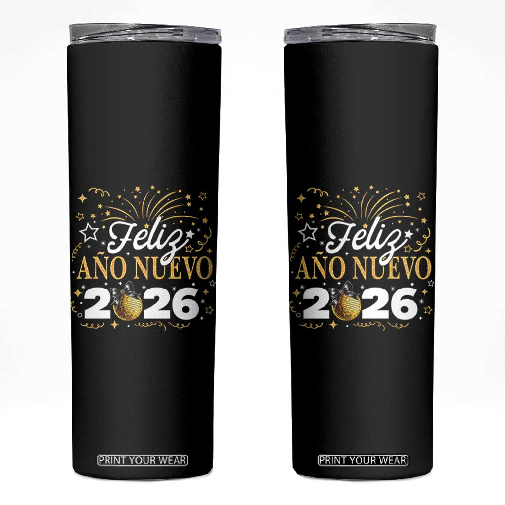 Spanish New Year 2026 Skinny Tumbler Feliz Ano Nuevo NYE Party Faux Glitter Effect Printed TS11 Black Print Your Wear