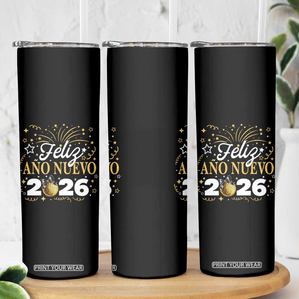 Spanish New Year 2026 Skinny Tumbler Feliz Ano Nuevo NYE Party Faux Glitter Effect Printed TS11 Print Your Wear