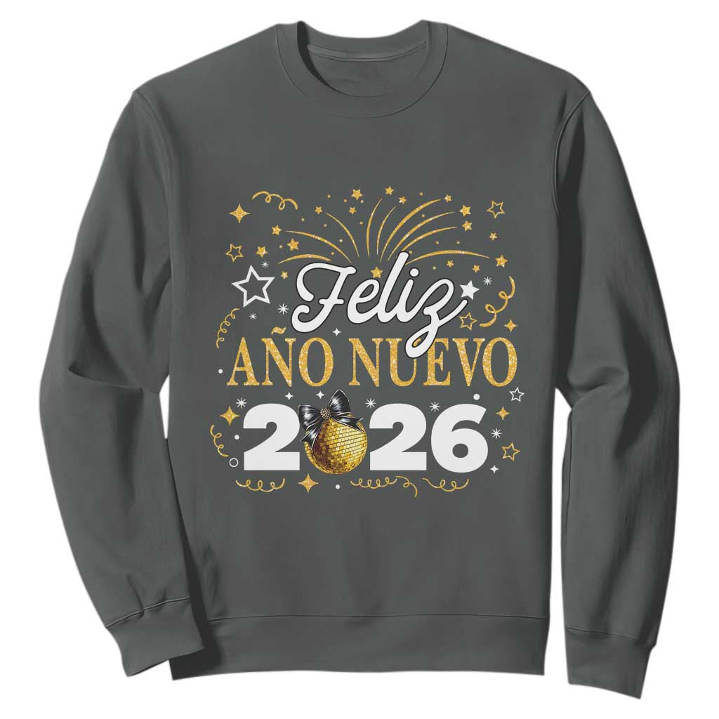 Spanish New Year 2026 Sweatshirt Feliz Ano Nuevo NYE Party Faux Glitter Effect Printed TS11 Dark Heather Print Your Wear