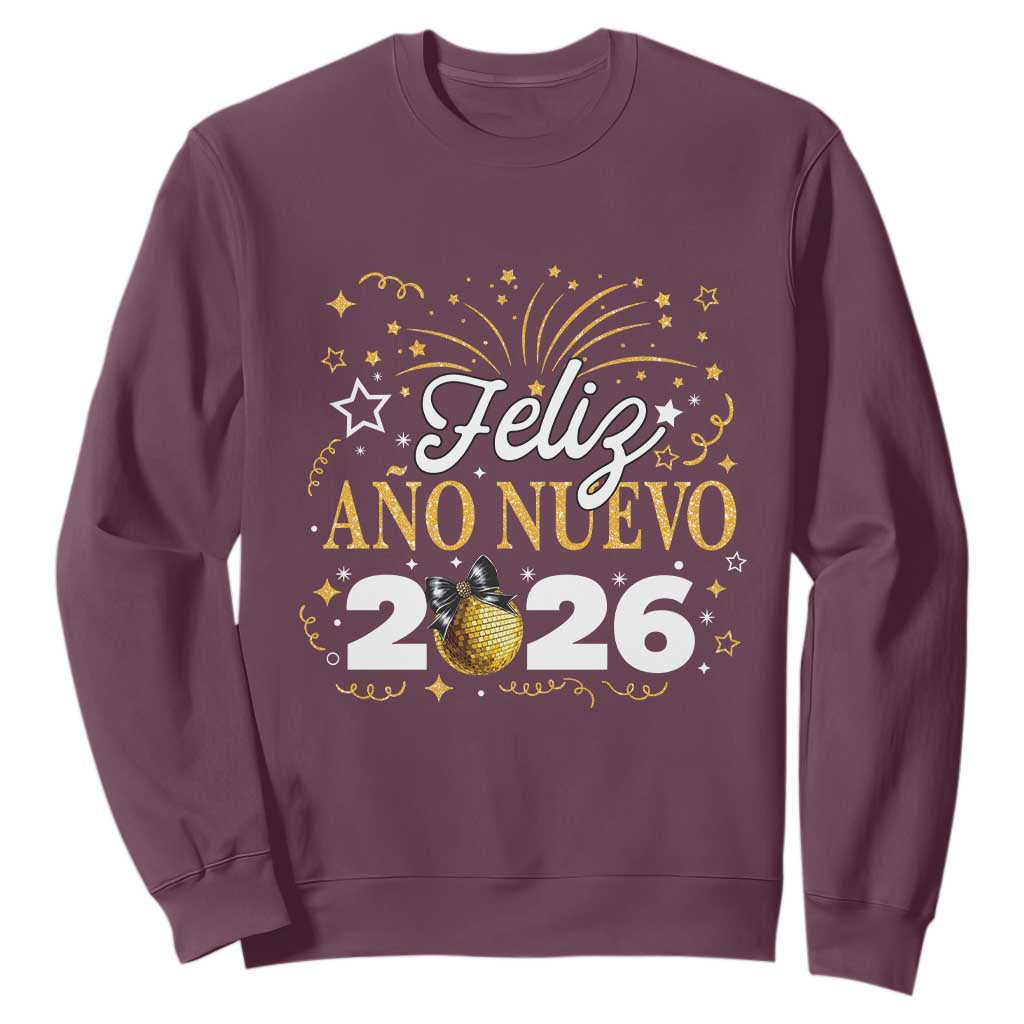 Spanish New Year 2026 Sweatshirt Feliz Ano Nuevo NYE Party Faux Glitter Effect Printed TS11 Maroon Print Your Wear