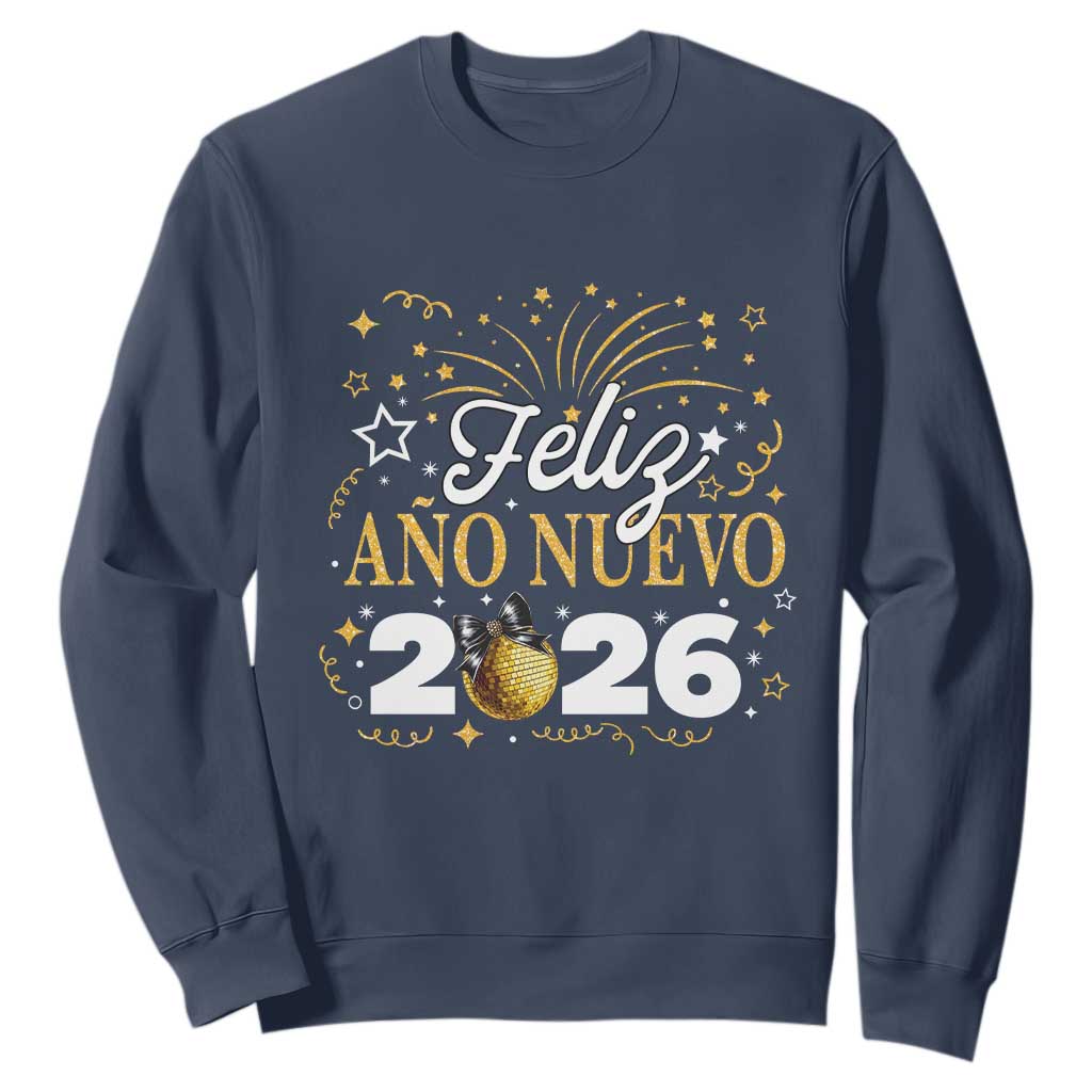 Spanish New Year 2026 Sweatshirt Feliz Ano Nuevo NYE Party Faux Glitter Effect Printed TS11 Navy Print Your Wear