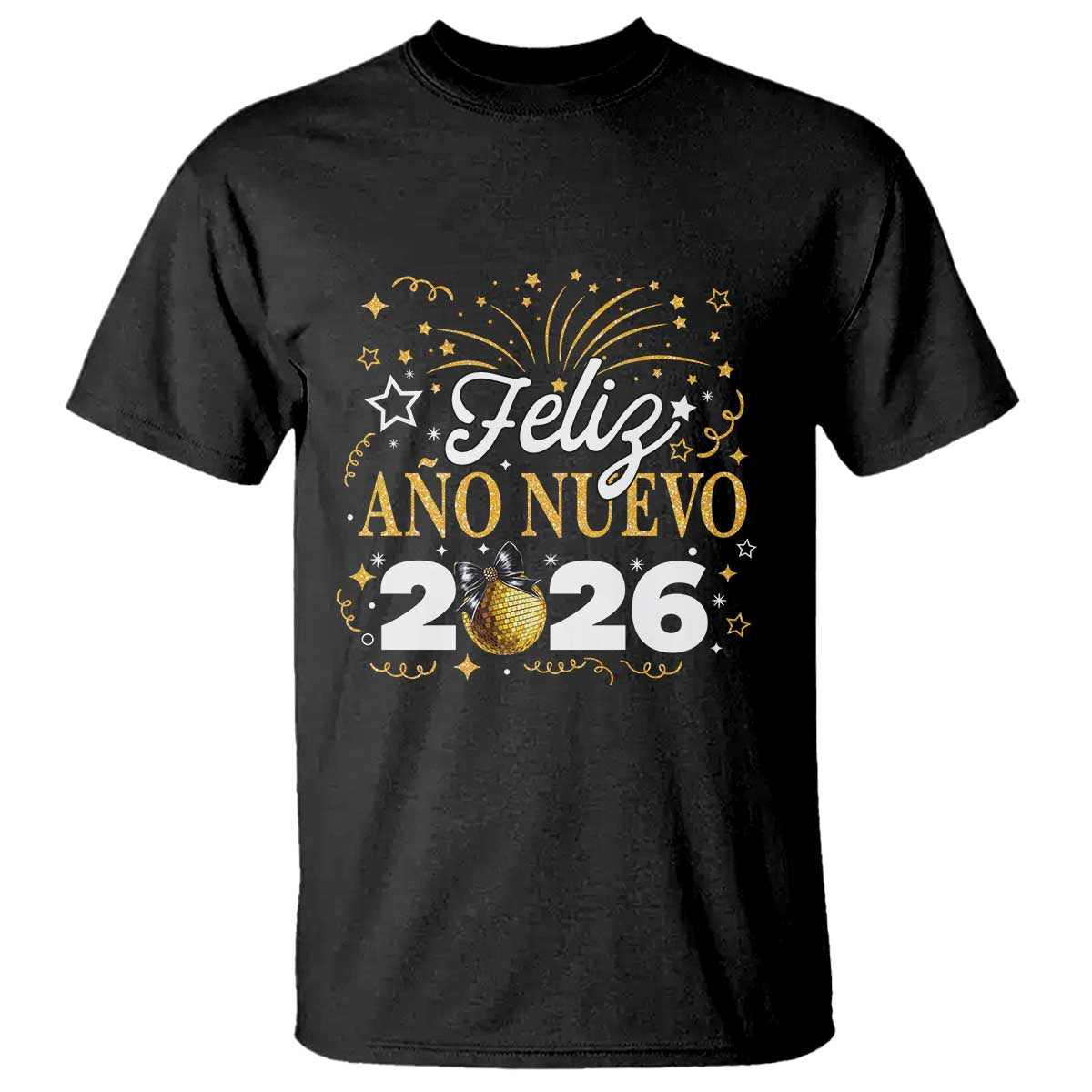 Spanish New Year 2026 T Shirt Feliz Ano Nuevo NYE Party Faux Glitter Effect Printed TS11 Black Print Your Wear