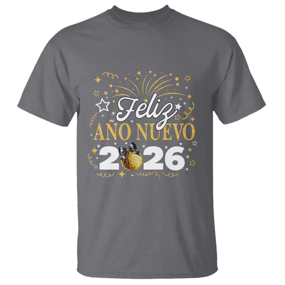 Spanish New Year 2026 T Shirt Feliz Ano Nuevo NYE Party Faux Glitter Effect Printed TS11 Charcoal Print Your Wear
