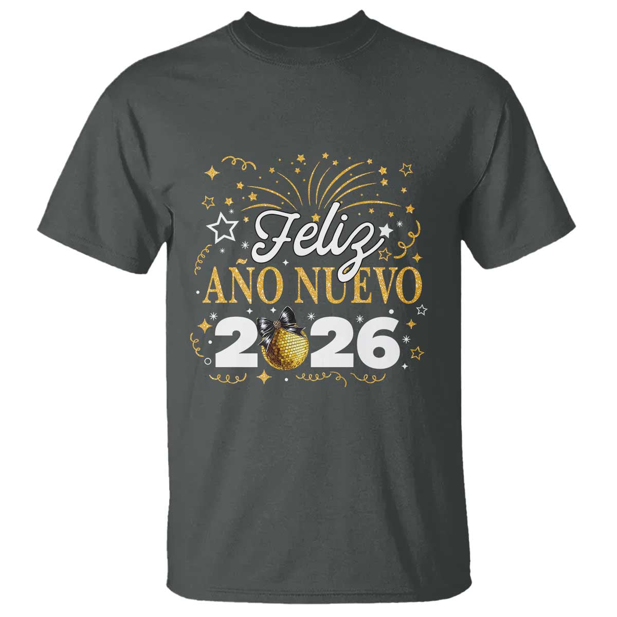Spanish New Year 2026 T Shirt Feliz Ano Nuevo NYE Party Faux Glitter Effect Printed TS11 Dark Heather Print Your Wear