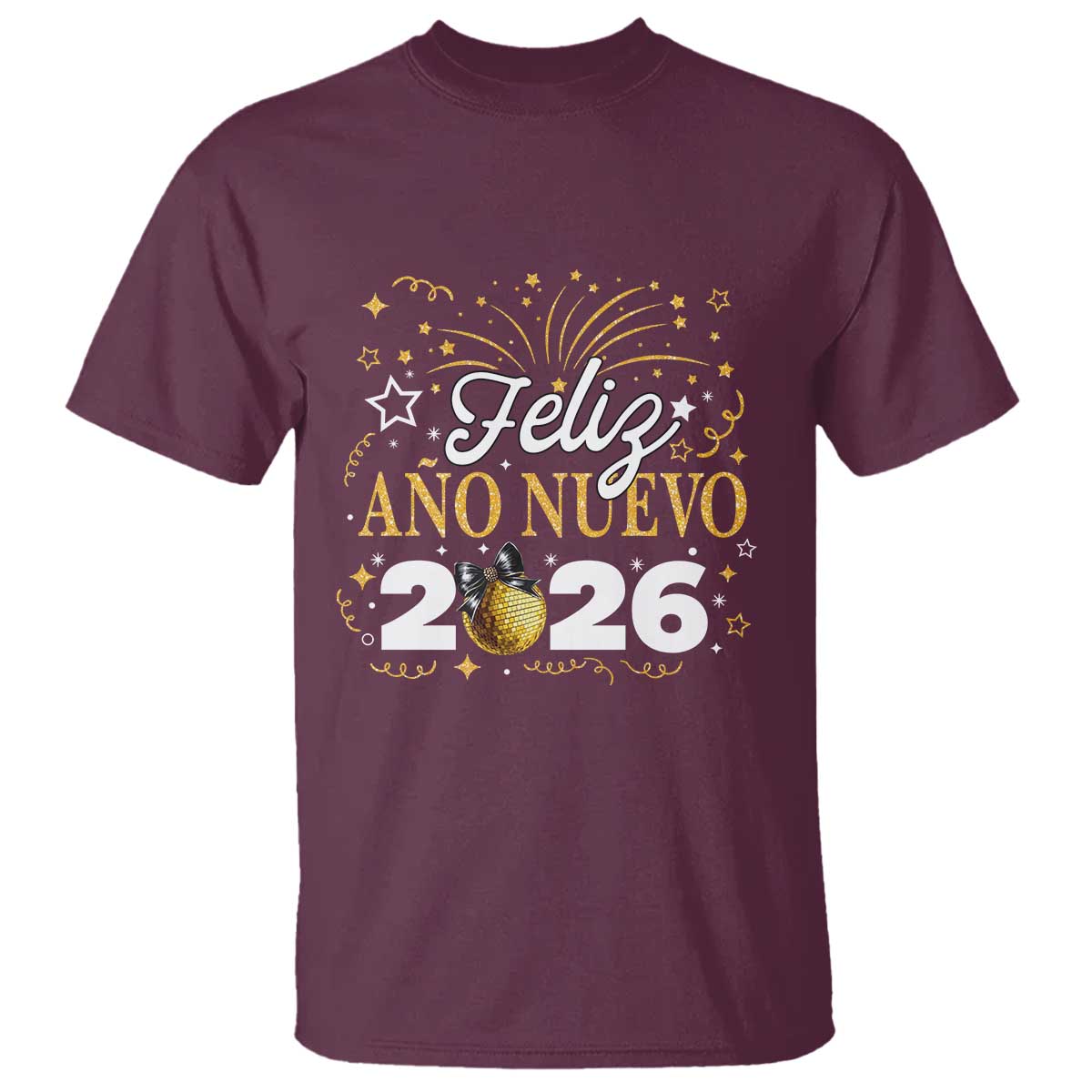 Spanish New Year 2026 T Shirt Feliz Ano Nuevo NYE Party Faux Glitter Effect Printed TS11 Maroon Print Your Wear
