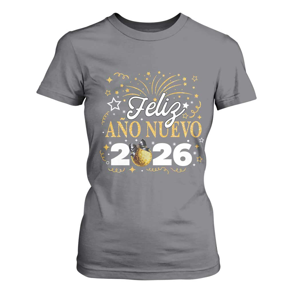 Spanish New Year 2026 T Shirt For Women Feliz Ano Nuevo NYE Party Faux Glitter Effect Printed TS11 Charcoal Print Your Wear