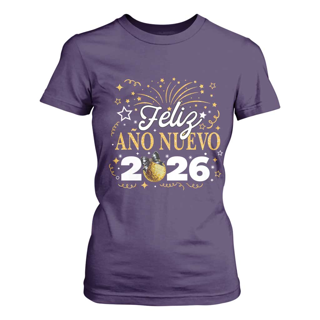 Spanish New Year 2026 T Shirt For Women Feliz Ano Nuevo NYE Party Faux Glitter Effect Printed TS11 Purple Print Your Wear