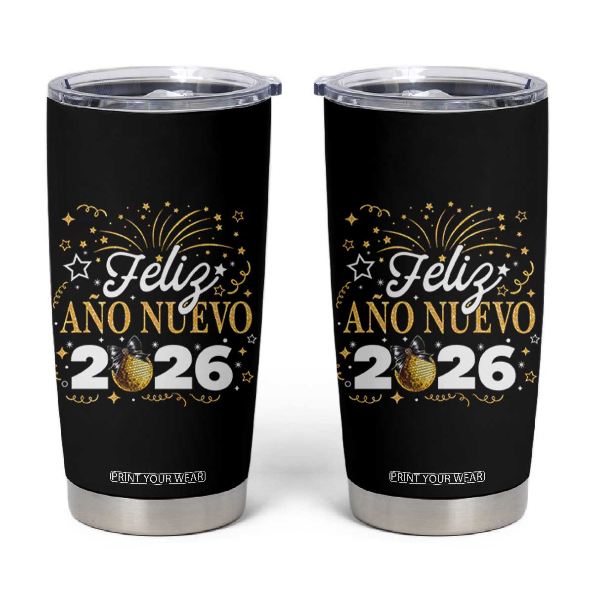 Spanish New Year 2026 Tumbler Cup Feliz Ano Nuevo NYE Party Faux Glitter Effect Printed TS11 Black Print Your Wear