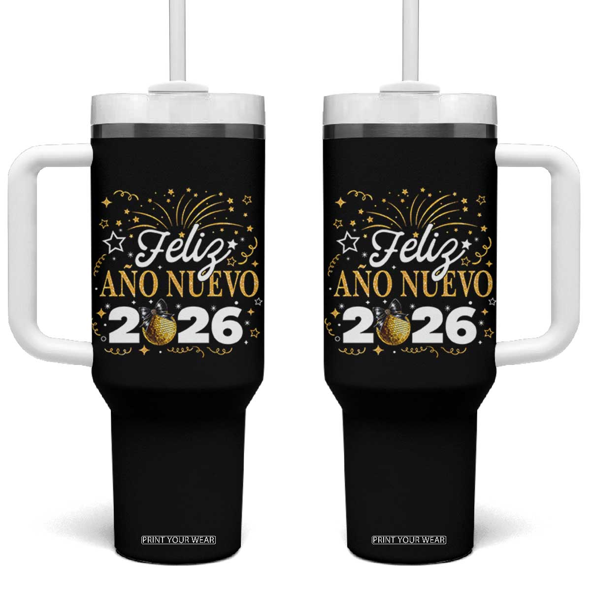 Spanish New Year 2026 Tumbler With Handle Feliz Ano Nuevo NYE Party Faux Glitter Effect Printed TS11 One Size: 40 oz Black Print Your Wear