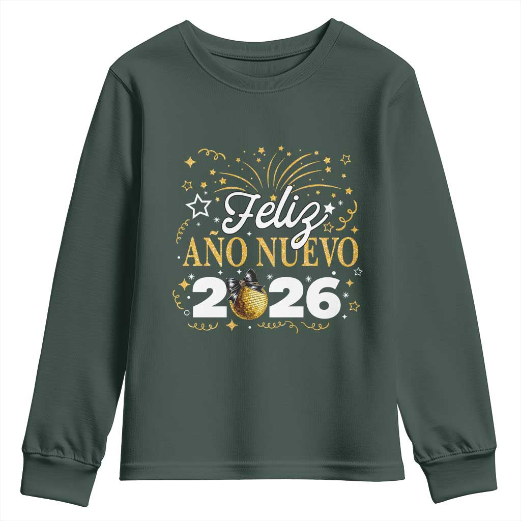 Spanish New Year 2026 Youth Sweatshirt Feliz Ano Nuevo NYE Party Faux Glitter Effect Printed TS11 Dark Forest Green Print Your Wear