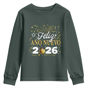 Spanish New Year 2026 Youth Sweatshirt Feliz Ano Nuevo NYE Party Faux Glitter Effect Printed TS11 Dark Forest Green Print Your Wear