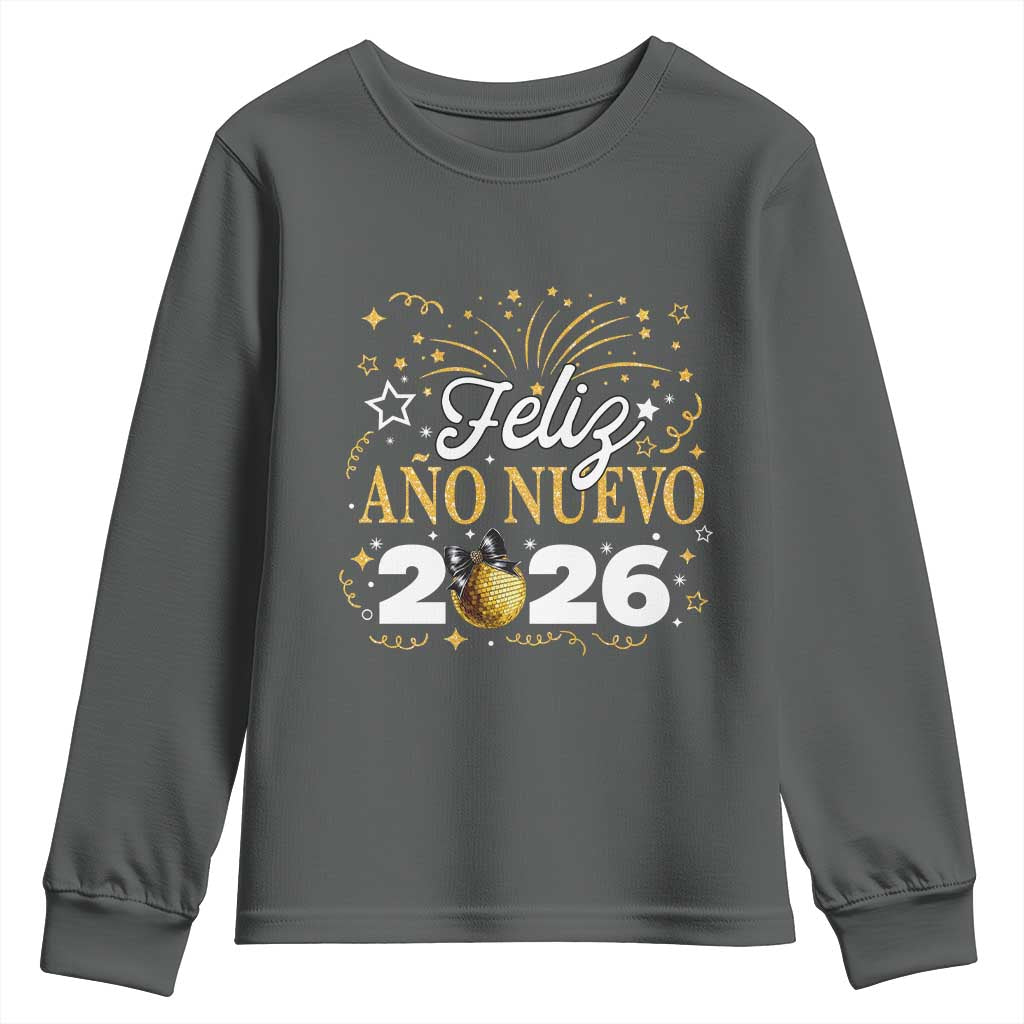 Spanish New Year 2026 Youth Sweatshirt Feliz Ano Nuevo NYE Party Faux Glitter Effect Printed TS11 Dark Heather Print Your Wear