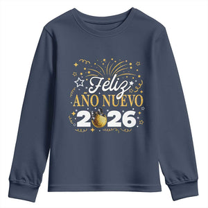 Spanish New Year 2026 Youth Sweatshirt Feliz Ano Nuevo NYE Party Faux Glitter Effect Printed TS11 Navy Print Your Wear