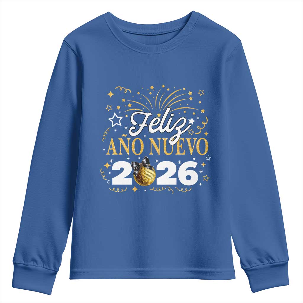 Spanish New Year 2026 Youth Sweatshirt Feliz Ano Nuevo NYE Party Faux Glitter Effect Printed TS11 Royal Blue Print Your Wear