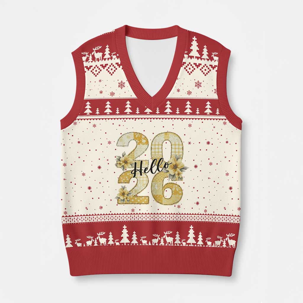 Hello New Year 2026 Vintage Floral Patchwork Quilt V-Neck Knit Sweater Vest TS11 Beige Red Print Your Wear