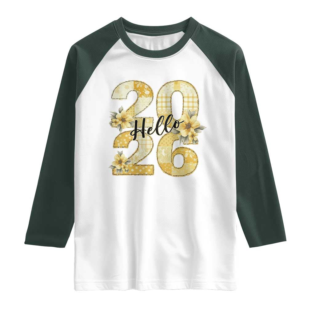 Hello New Year 2026 Vintage Floral Patchwork Quilt Raglan Shirt TS11 White Dark Forest Green Print Your Wear