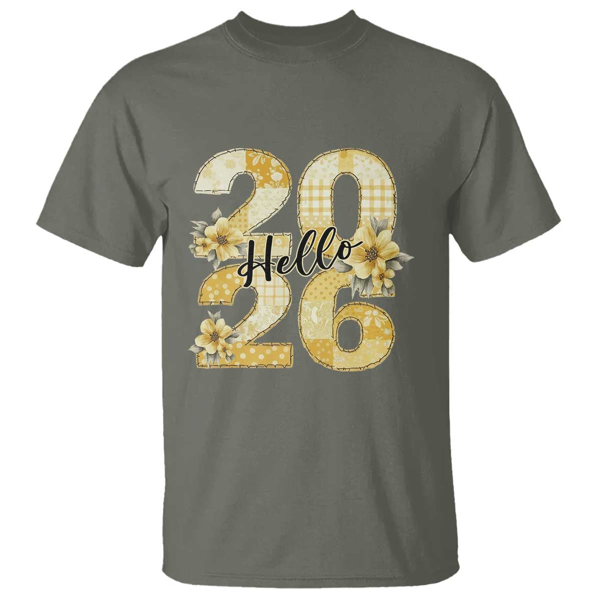 Hello New Year 2026 Vintage Floral Patchwork Quilt T Shirt TS11 Military Green Print Your Wear