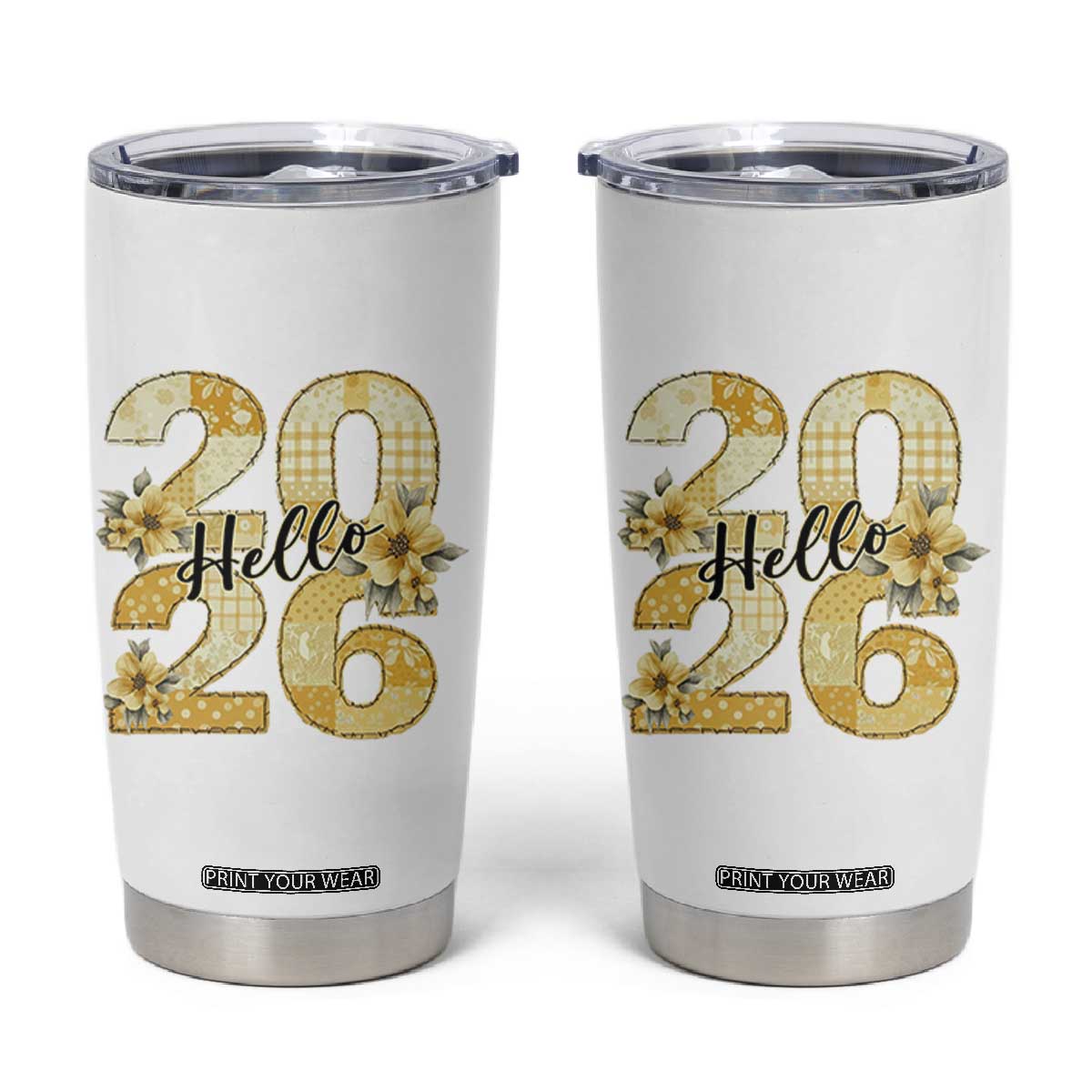 Hello New Year 2026 Vintage Floral Patchwork Quilt Tumbler Cup TS11 White Print Your Wear
