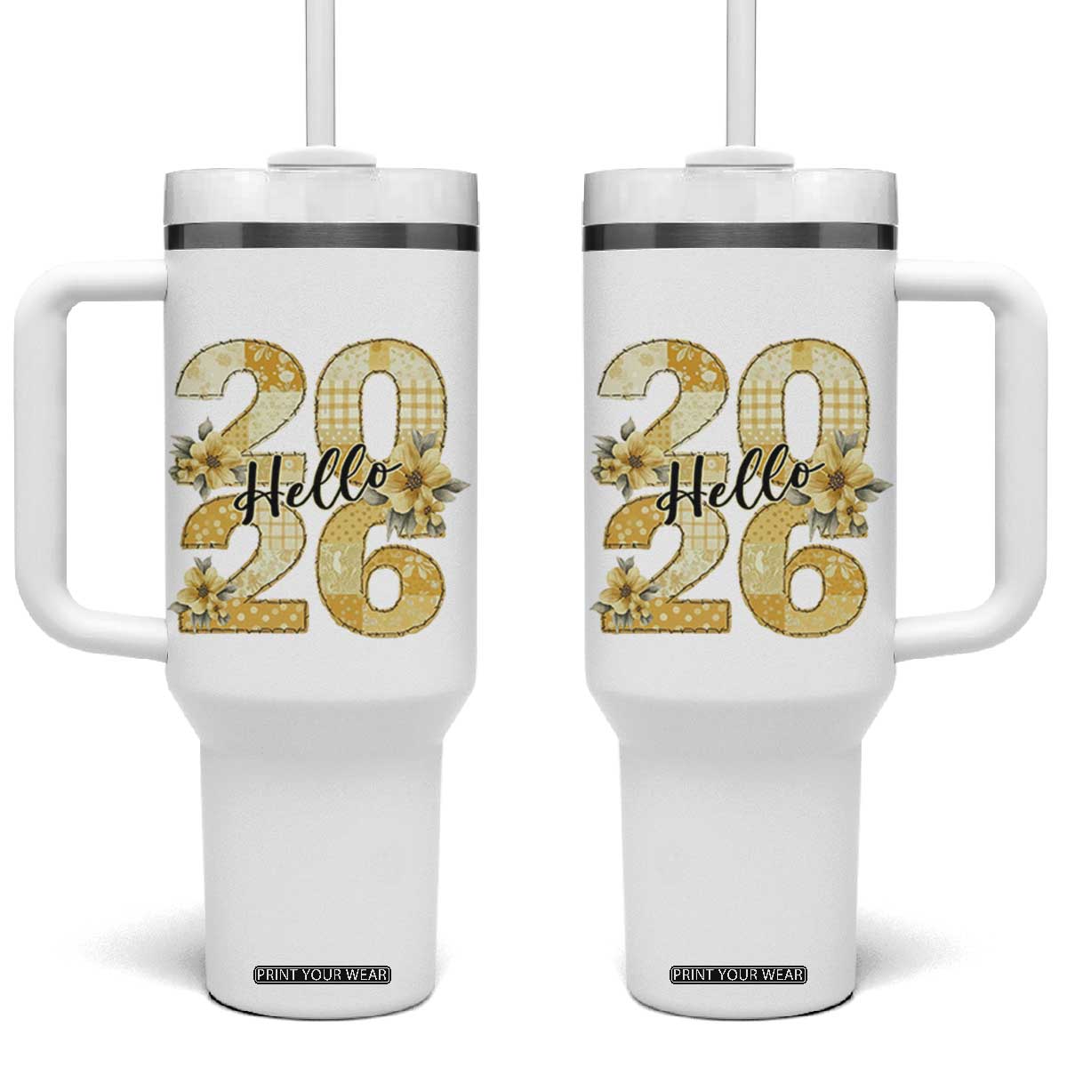 Hello New Year 2026 Vintage Floral Patchwork Quilt Tumbler With Handle TS11 One Size: 40 oz White Print Your Wear