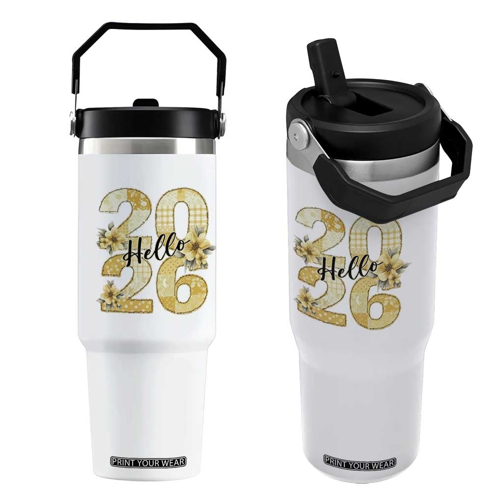 Hello New Year 2026 Vintage Floral Patchwork Quilt Flip Straw Tumbler TS11 One Size: 30 oz White Print Your Wear