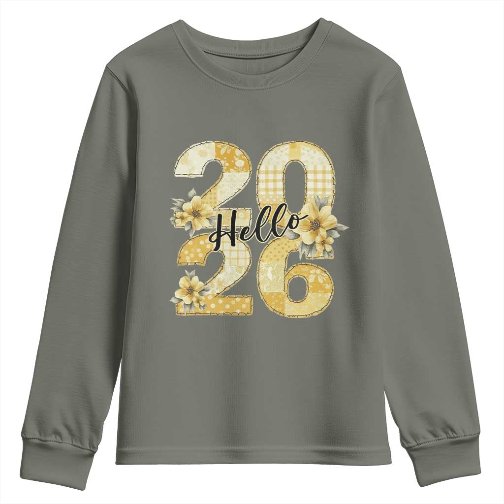 Hello New Year 2026 Vintage Floral Patchwork Quilt Youth Sweatshirt TS11 Military Green Print Your Wear