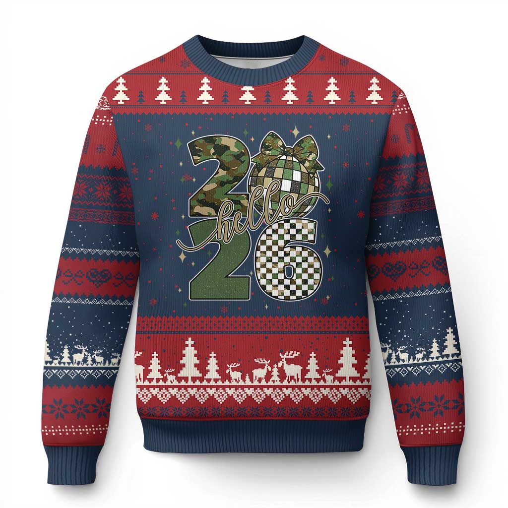 Camo Happy New Year Party 2026 Ugly Christmas Sweater Camouflage Disco Ball TS11 Navy Red Print Your Wear