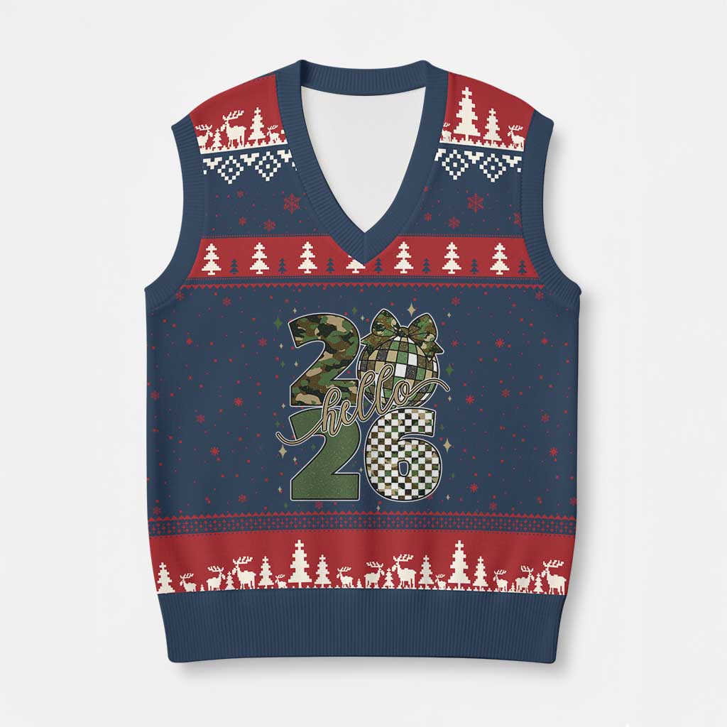 Camo Happy New Year Party 2026 V-Neck Knit Sweater Vest Camouflage Disco Ball TS11 Navy Red Print Your Wear