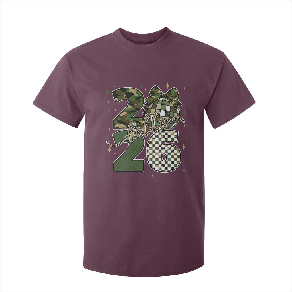 Camo Happy New Year Party 2026 T Shirt For Kid Camouflage Disco Ball TS11 Maroon Print Your Wear