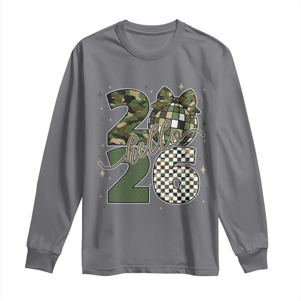 Camo Happy New Year Party 2026 Long Sleeve Shirt Camouflage Disco Ball TS11 Charcoal Print Your Wear