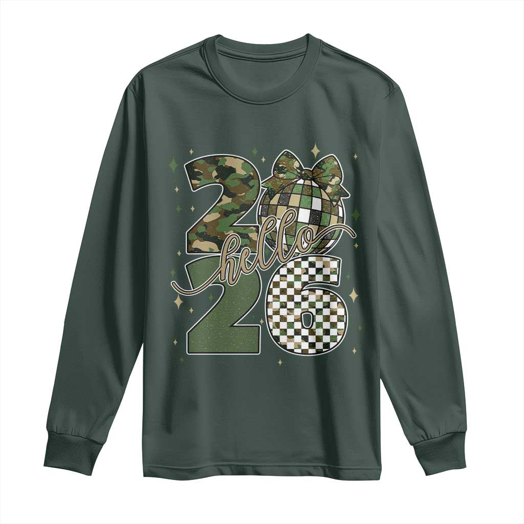 Camo Happy New Year Party 2026 Long Sleeve Shirt Camouflage Disco Ball TS11 Dark Forest Green Print Your Wear
