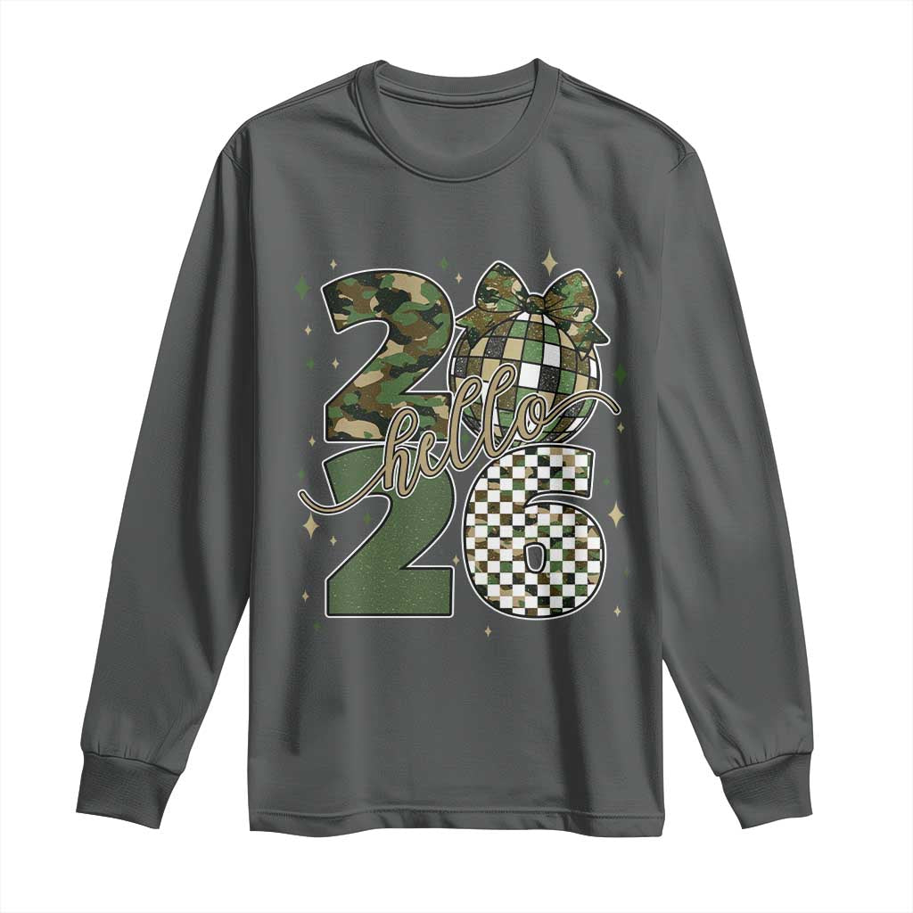 Camo Happy New Year Party 2026 Long Sleeve Shirt Camouflage Disco Ball TS11 Dark Heather Print Your Wear