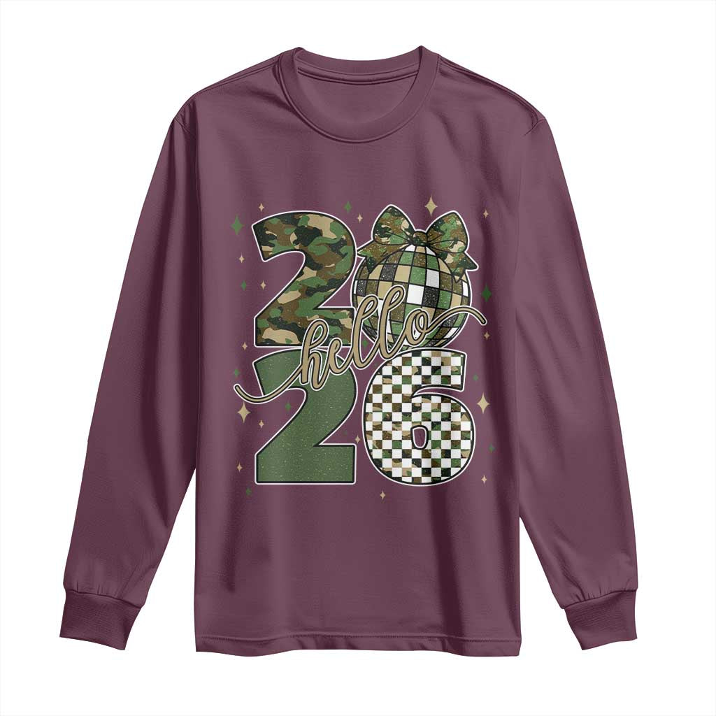 Camo Happy New Year Party 2026 Long Sleeve Shirt Camouflage Disco Ball TS11 Maroon Print Your Wear