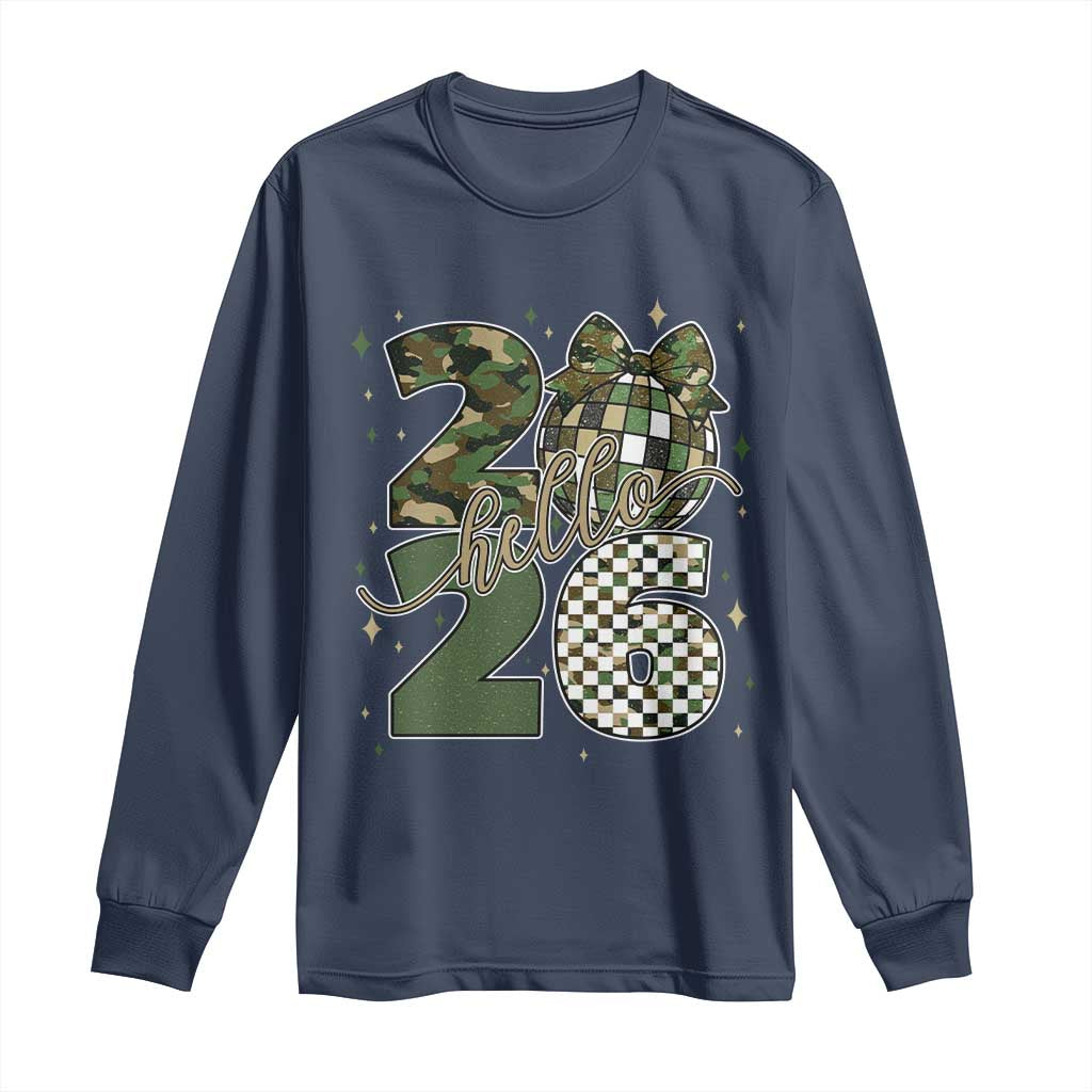 Camo Happy New Year Party 2026 Long Sleeve Shirt Camouflage Disco Ball TS11 Navy Print Your Wear