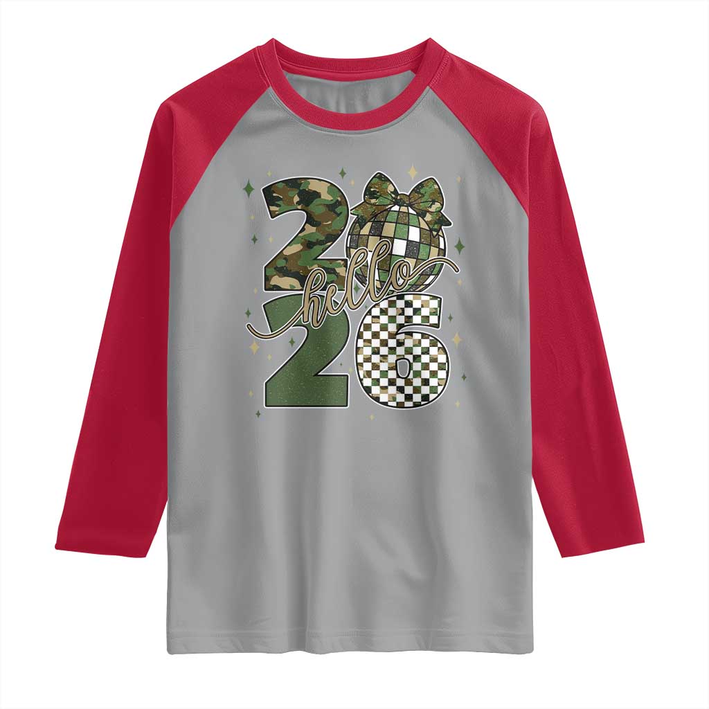 Camo Happy New Year Party 2026 Raglan Shirt Camouflage Disco Ball TS11 Sport Gray Red Print Your Wear
