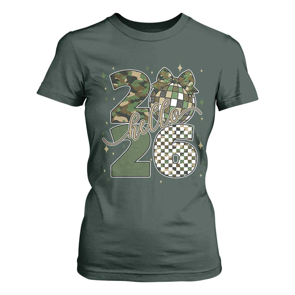 Camo Happy New Year Party 2026 T Shirt For Women Camouflage Disco Ball TS11 Dark Forest Green Print Your Wear