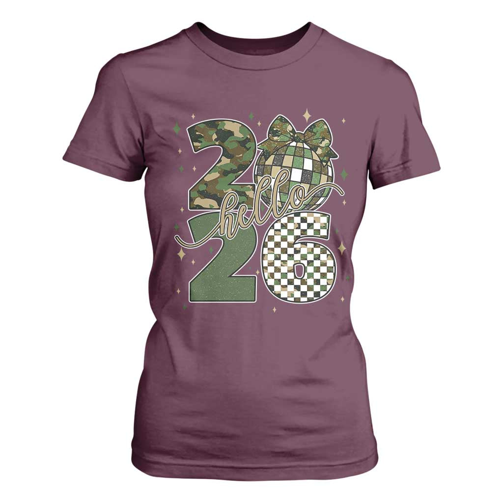 Camo Happy New Year Party 2026 T Shirt For Women Camouflage Disco Ball TS11 Maroon Print Your Wear