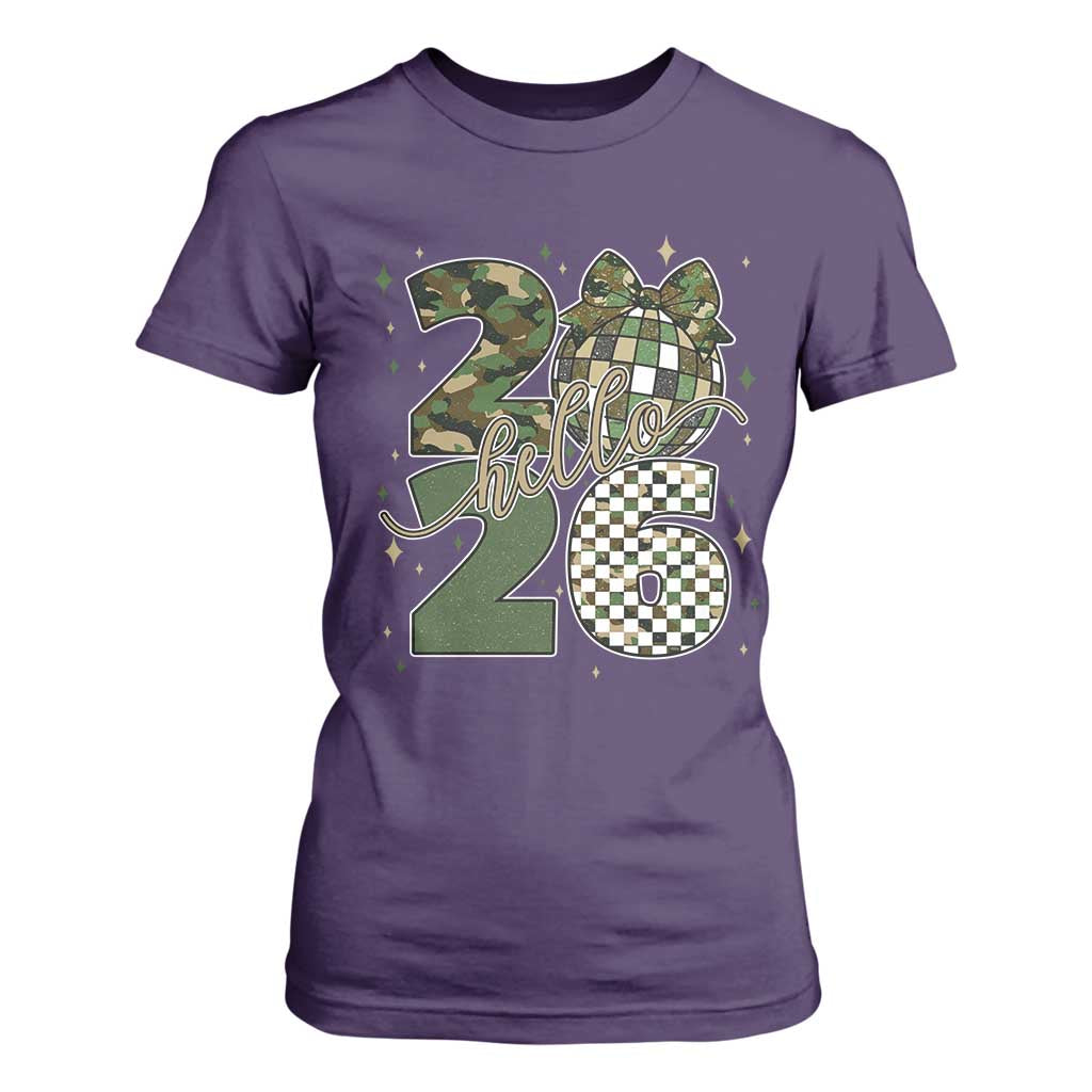 Camo Happy New Year Party 2026 T Shirt For Women Camouflage Disco Ball TS11 Purple Print Your Wear