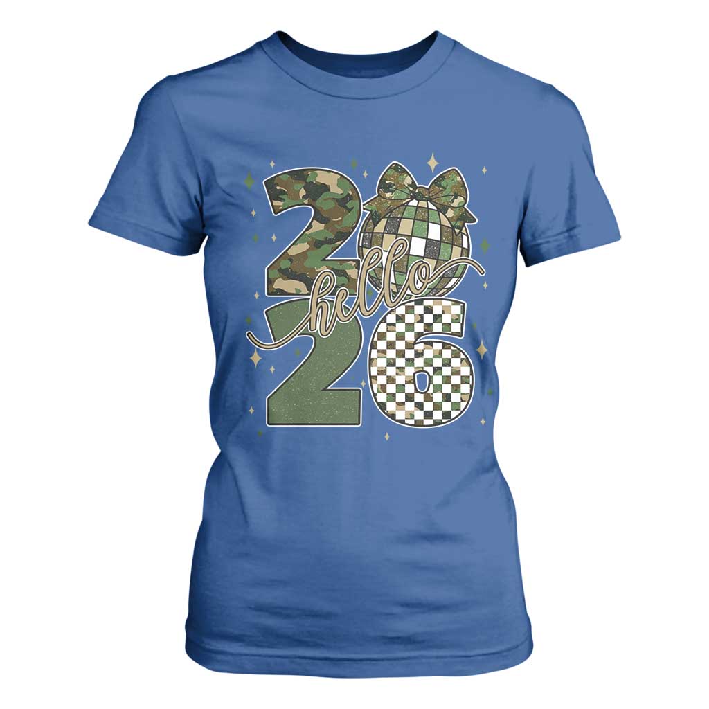 Camo Happy New Year Party 2026 T Shirt For Women Camouflage Disco Ball TS11 Royal Blue Print Your Wear