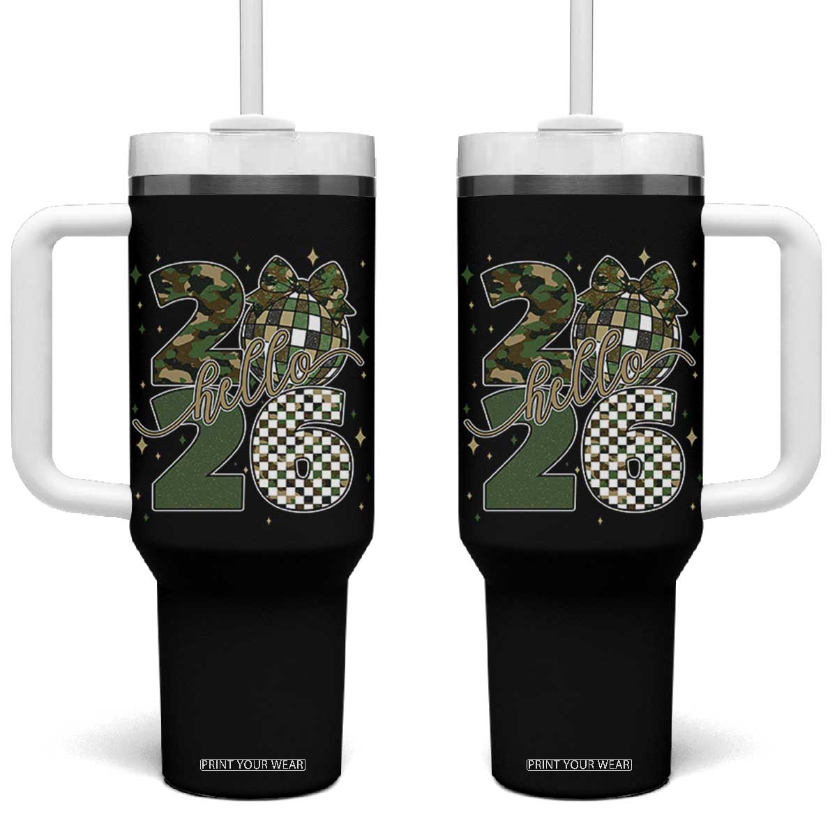 Camo Happy New Year Party 2026 Tumbler With Handle Camouflage Disco Ball TS11 One Size: 40 oz Black Print Your Wear