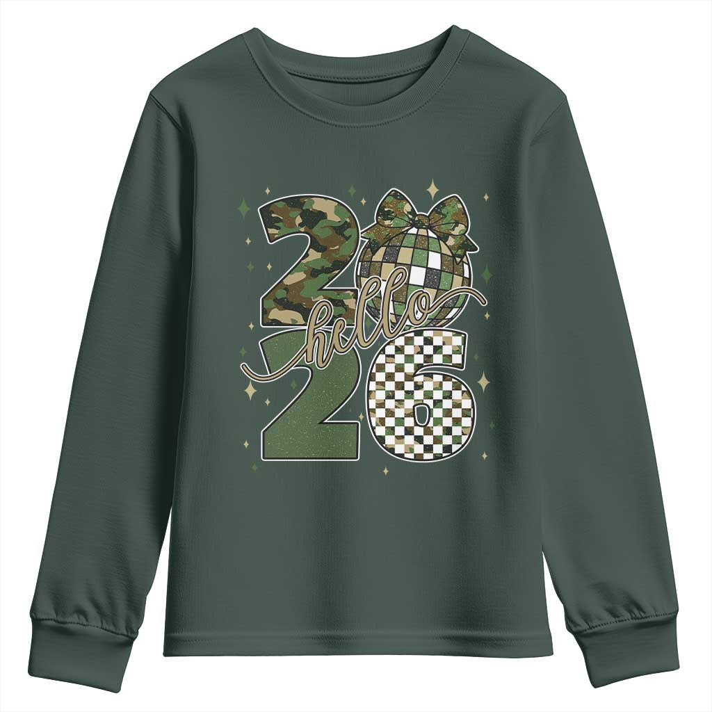 Camo Happy New Year Party 2026 Youth Sweatshirt Camouflage Disco Ball TS11 Dark Forest Green Print Your Wear